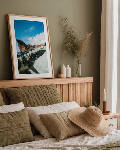 Swimming Pig by Max Blakesberg Studios. shown as a paper print in a natural frame. Available as a archival giclee rolled canvas, fine art paper, or poster print. SKU 92807h.