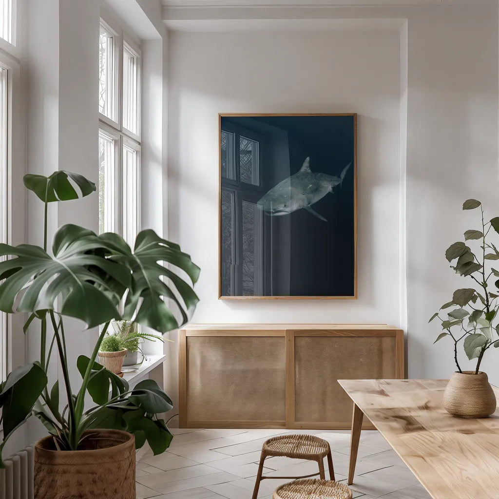Tiger Shark by Max Blakesberg Studios. shown as a print in a natural wood frame in a dining room. Available as a archival giclee rolled canvas, fine art paper, or poster print. SKU 92695h.