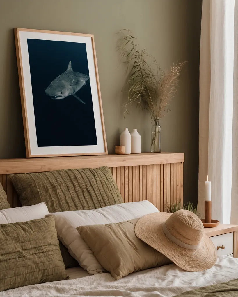 Tiger Shark by Max Blakesberg Studios. shown as a paper print in a natural frame. Available as a archival giclee rolled canvas, fine art paper, or poster print. SKU 92695h.