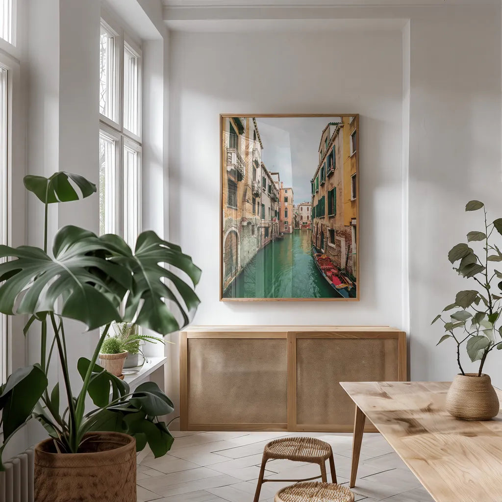 Venetian Dream by Max Blakesberg Studios. shown as a print in a natural wood frame in a dining room. Available as a archival giclee rolled canvas, fine art paper, or poster print. SKU 92463h.