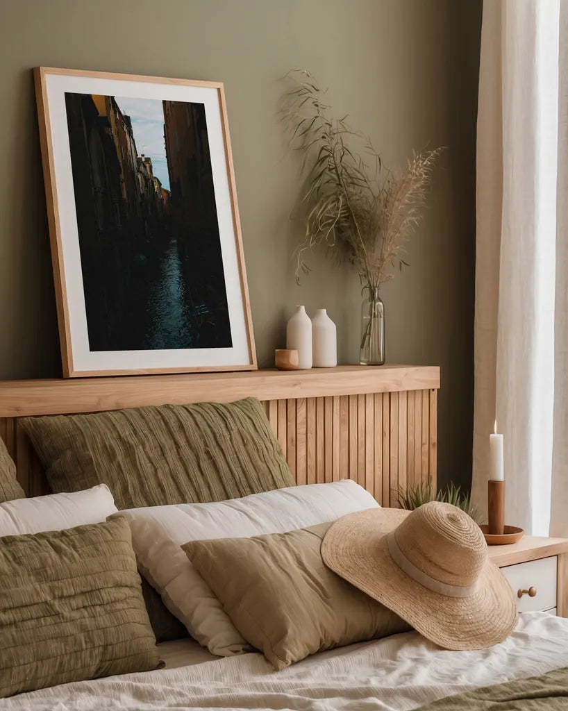 Venice Canal by Max Blakesberg Studios. shown as a paper print in a natural frame. Available as a archival giclee rolled canvas, fine art paper, or poster print. SKU 91648h.