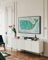 Ahoy I with Words by Melissa Averinos. shown as a framed stretched canvas in a living room above a console. Available as a archival giclee rolled canvas, fine art paper, or poster print. SKU 27158i.