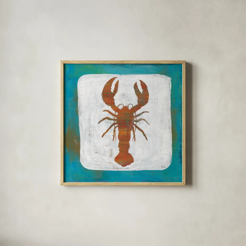 Ahoy II Red Blue by Melissa Averinos. Shown in a natural wood glass frame for a timeless modern aesthetic. Available as an archival giclee rolled canvas, fine art paper, or poster print. SKU 27695a.