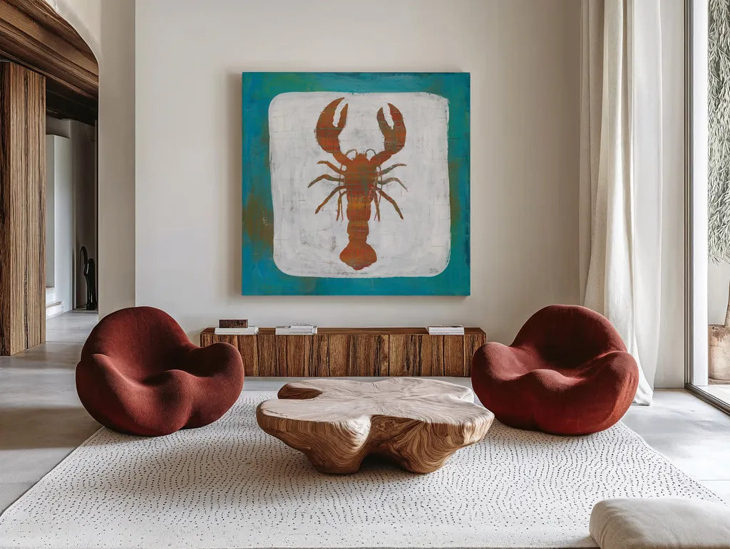 Ahoy II Red Blue by Melissa Averinos. Shown as extra-large giant wall art in a modern living room. Available as an archival giclee rolled canvas, fine art paper, or poster print. SKU 27695a.