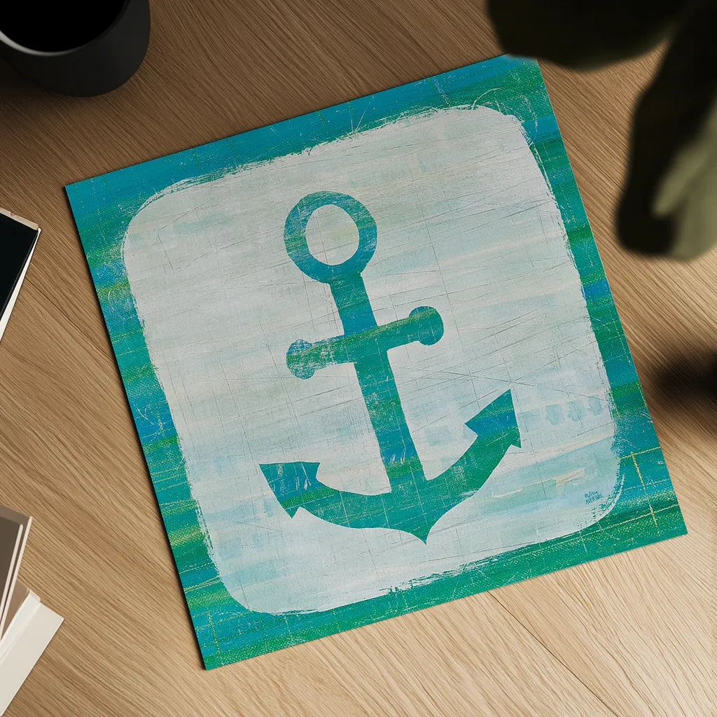 Ahoy III Blue Green by Melissa Averinos. Shown as a detailed flat fine art print, highlighting archival giclee quality. Available as an archival giclee rolled canvas, fine art paper, or poster print. SKU 27275a.
