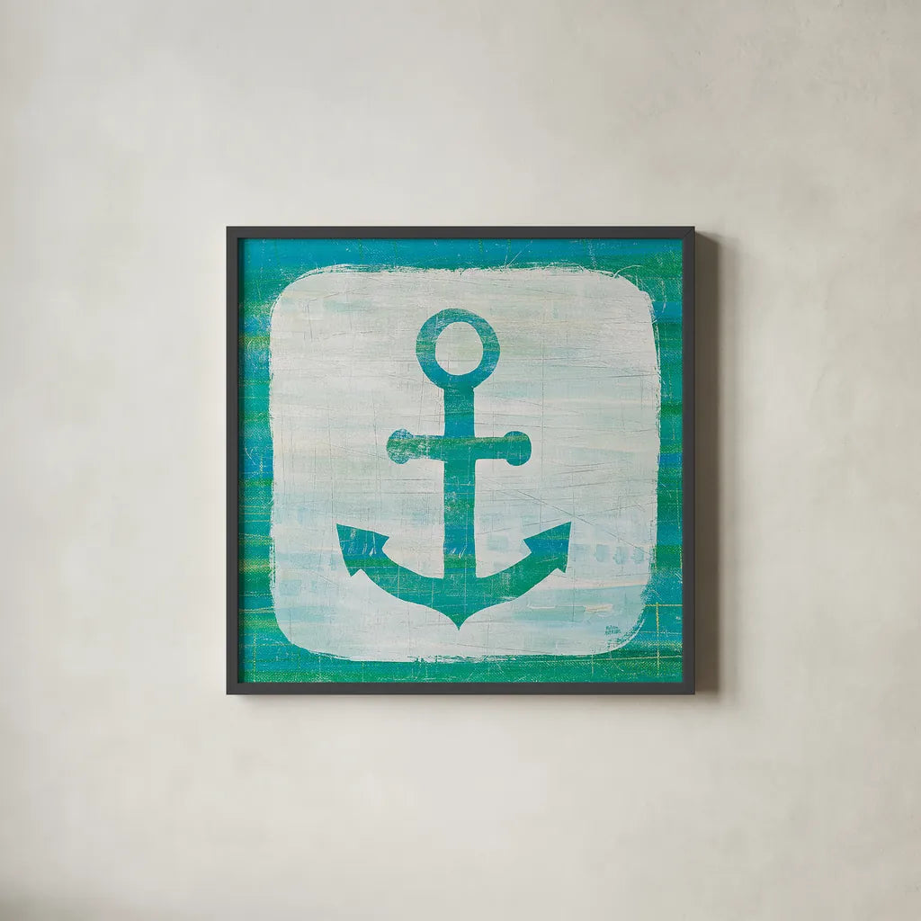 Ahoy III Blue Green by Melissa Averinos. Shown in a sleek black glass frame for a contemporary gallery look. Available as an archival giclee rolled canvas, fine art paper, or poster print. SKU 27275a.