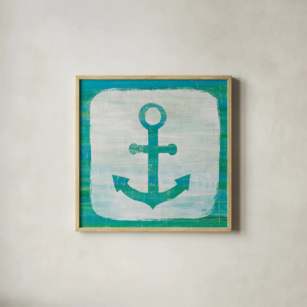 Ahoy III Blue Green by Melissa Averinos. Shown in a natural wood glass frame for a timeless modern aesthetic. Available as an archival giclee rolled canvas, fine art paper, or poster print. SKU 27275a.