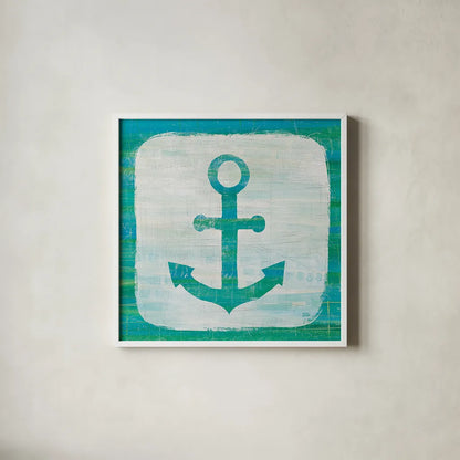 Ahoy III Blue Green by Melissa Averinos. Shown in a crisp white glass frame for a clean and minimalist style. Available as an archival giclee rolled canvas, fine art paper, or poster print. SKU 27275a.
