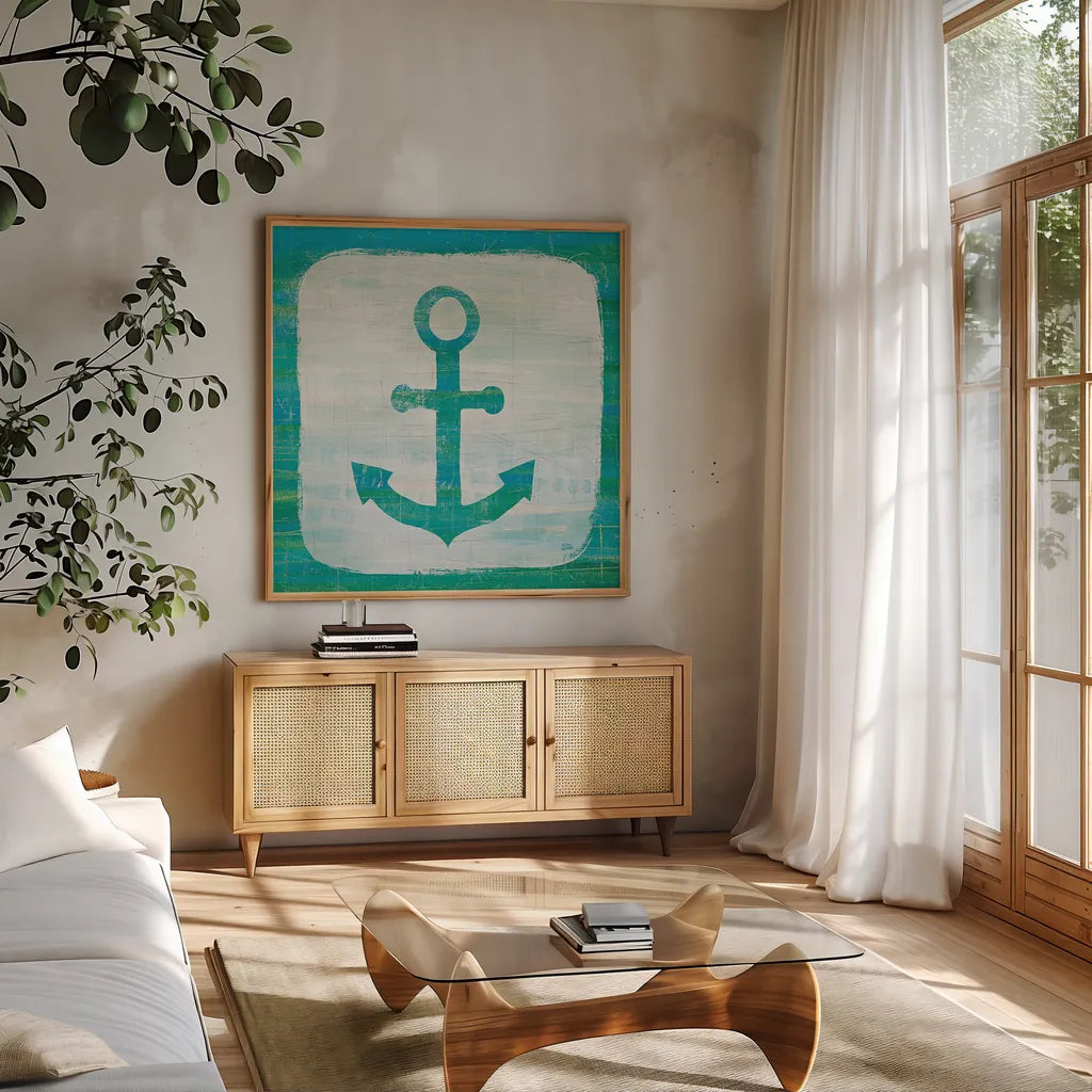 Ahoy III Blue Green by Melissa Averinos. Shown in a natural wood frame in a cozy modern living room. Available as an archival giclee rolled canvas, fine art paper, or poster print. SKU 27275a.