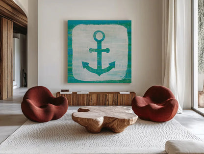 Ahoy III Blue Green by Melissa Averinos. Shown as extra-large giant wall art in a modern living room. Available as an archival giclee rolled canvas, fine art paper, or poster print. SKU 27275a.