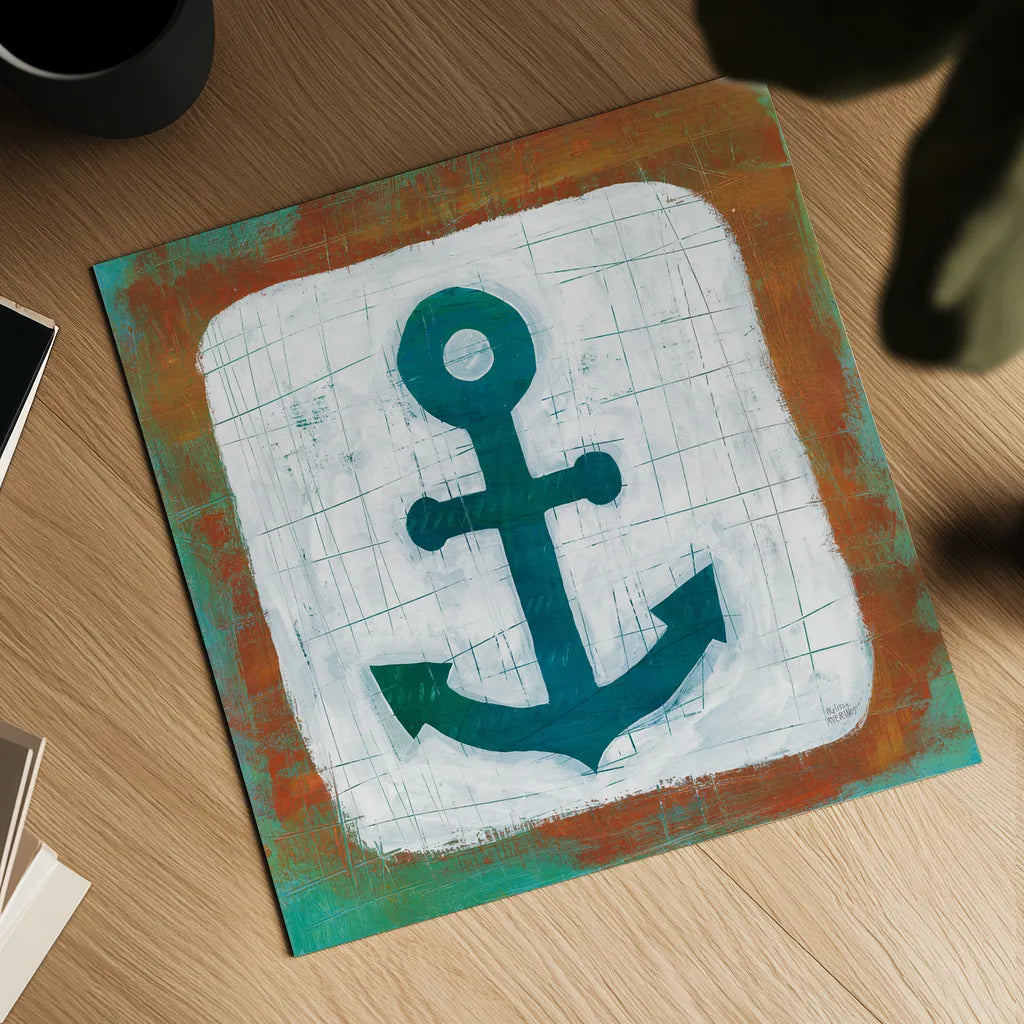 Ahoy III Red Blue by Melissa Averinos. Shown as a detailed flat fine art print, highlighting archival giclee quality. Available as an archival giclee rolled canvas, fine art paper, or poster print. SKU 27696a.