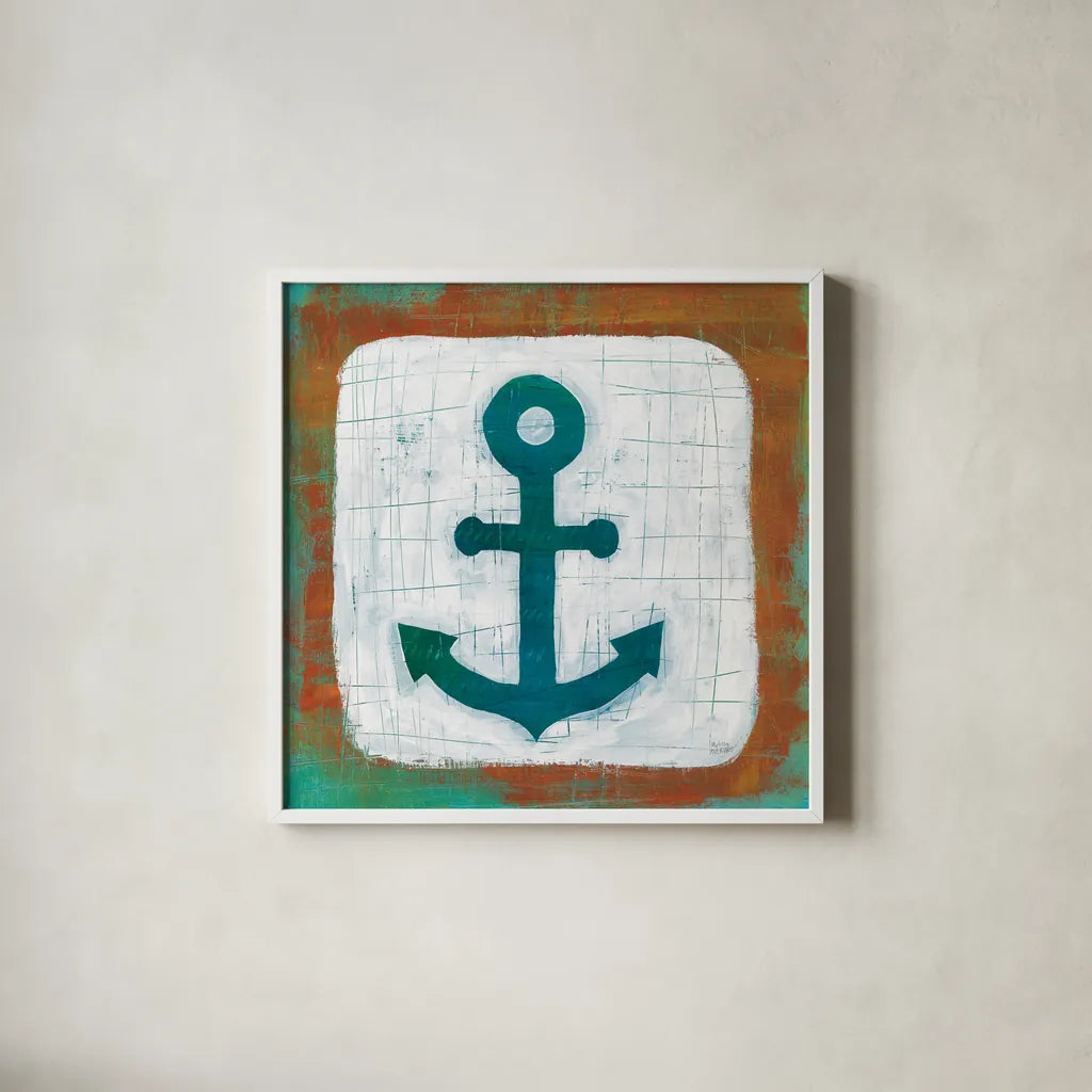 Ahoy III Red Blue by Melissa Averinos. Shown in a crisp white glass frame for a clean and minimalist style. Available as an archival giclee rolled canvas, fine art paper, or poster print. SKU 27696a.