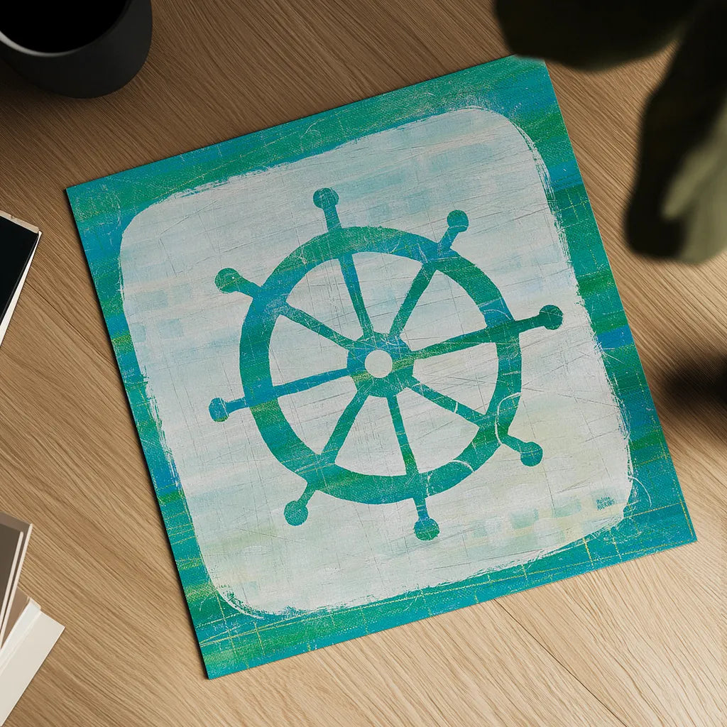 Ahoy IV Blue Green by Melissa Averinos. Shown as a detailed flat fine art print, highlighting archival giclee quality. Available as an archival giclee rolled canvas, fine art paper, or poster print. SKU 27276a.