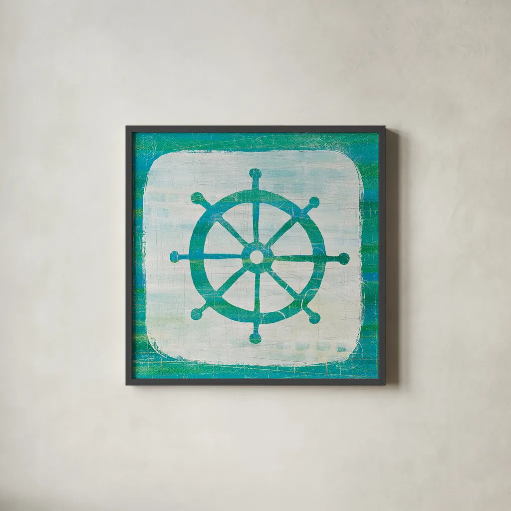 Ahoy IV Blue Green by Melissa Averinos. Shown in a sleek black glass frame for a contemporary gallery look. Available as an archival giclee rolled canvas, fine art paper, or poster print. SKU 27276a.
