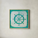 Ahoy IV Blue Green by Melissa Averinos. Shown in a natural wood glass frame for a timeless modern aesthetic. Available as an archival giclee rolled canvas, fine art paper, or poster print. SKU 27276a.