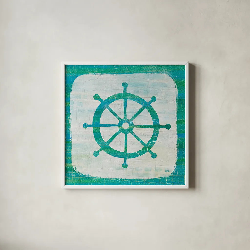 Ahoy IV Blue Green by Melissa Averinos. Shown in a crisp white glass frame for a clean and minimalist style. Available as an archival giclee rolled canvas, fine art paper, or poster print. SKU 27276a.
