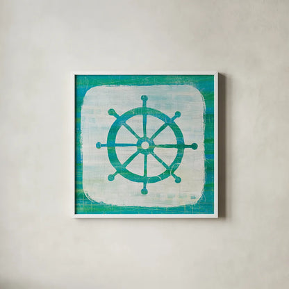 Ahoy IV Blue Green by Melissa Averinos. Shown in a crisp white glass frame for a clean and minimalist style. Available as an archival giclee rolled canvas, fine art paper, or poster print. SKU 27276a.