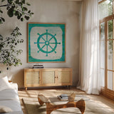 Ahoy IV Blue Green by Melissa Averinos. Shown in a natural wood frame in a cozy modern living room. Available as an archival giclee rolled canvas, fine art paper, or poster print. SKU 27276a.