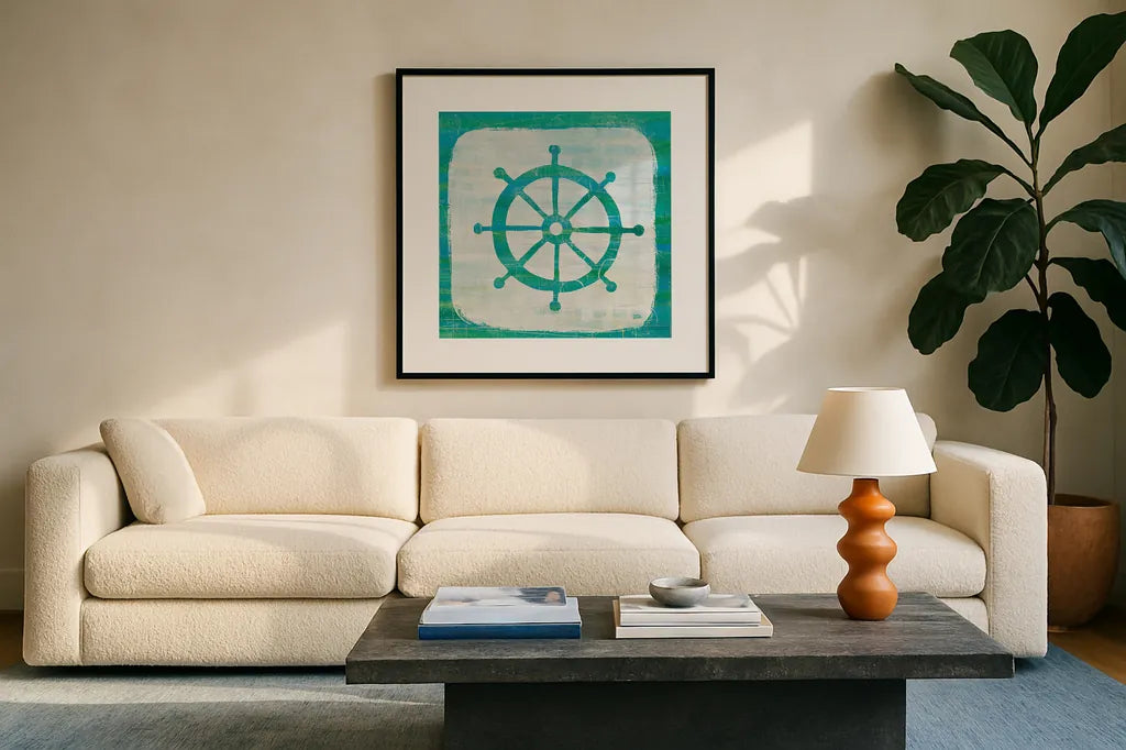 Ahoy IV Blue Green by Melissa Averinos. Displayed in a glass frame with matte in a clean modern living room. Available as an archival giclee rolled canvas, fine art paper, or poster print. SKU 27276a.