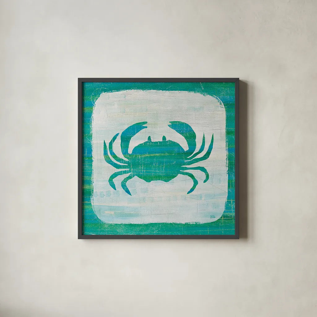 Ahoy V Blue Green by Melissa Averinos. Shown in a sleek black glass frame for a contemporary gallery look. Available as an archival giclee rolled canvas, fine art paper, or poster print. SKU 27277a.