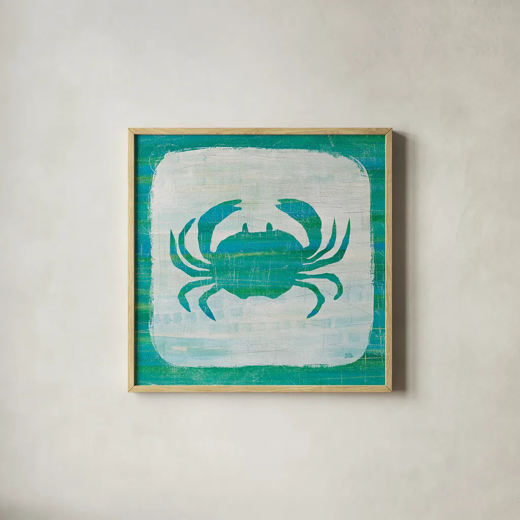 Ahoy V Blue Green by Melissa Averinos. Shown in a natural wood glass frame for a timeless modern aesthetic. Available as an archival giclee rolled canvas, fine art paper, or poster print. SKU 27277a.