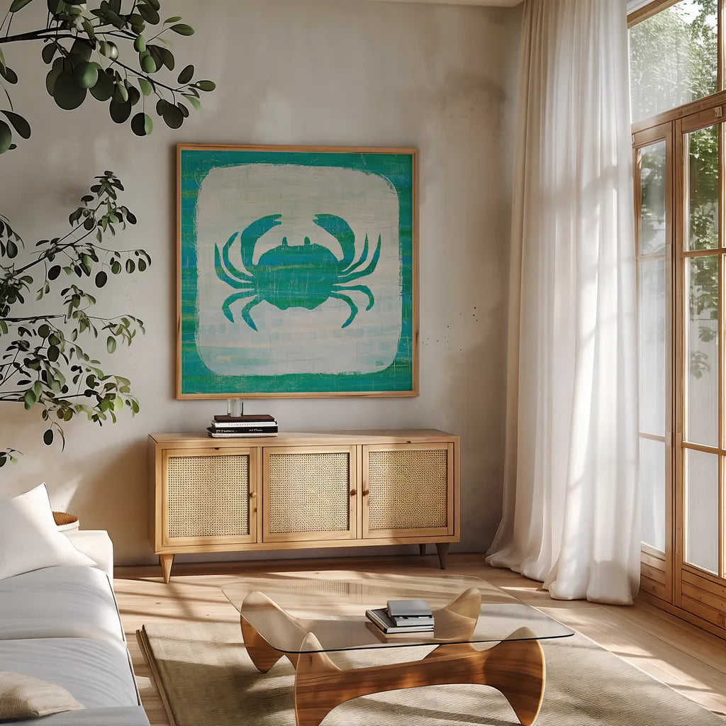 Ahoy V Blue Green by Melissa Averinos. Shown in a natural wood frame in a cozy modern living room. Available as an archival giclee rolled canvas, fine art paper, or poster print. SKU 27277a.