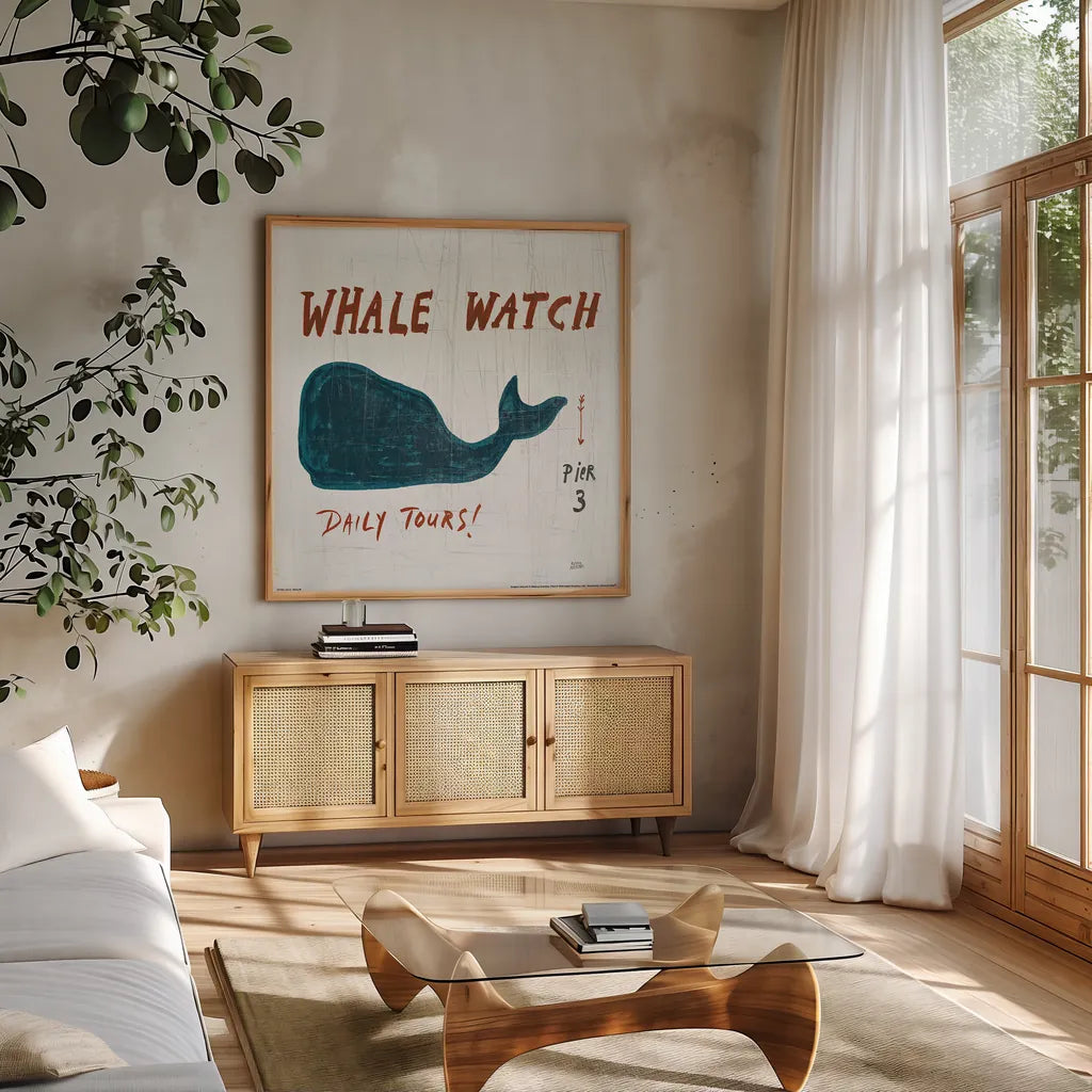 Ahoy XI by Melissa Averinos. Shown in a natural wood frame in a cozy modern living room. Available as an archival giclee rolled canvas, fine art paper, or poster print. SKU 27706a.