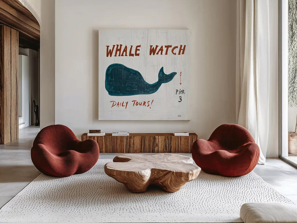 Ahoy XI by Melissa Averinos. Shown as extra-large giant wall art in a modern living room. Available as an archival giclee rolled canvas, fine art paper, or poster print. SKU 27706a.