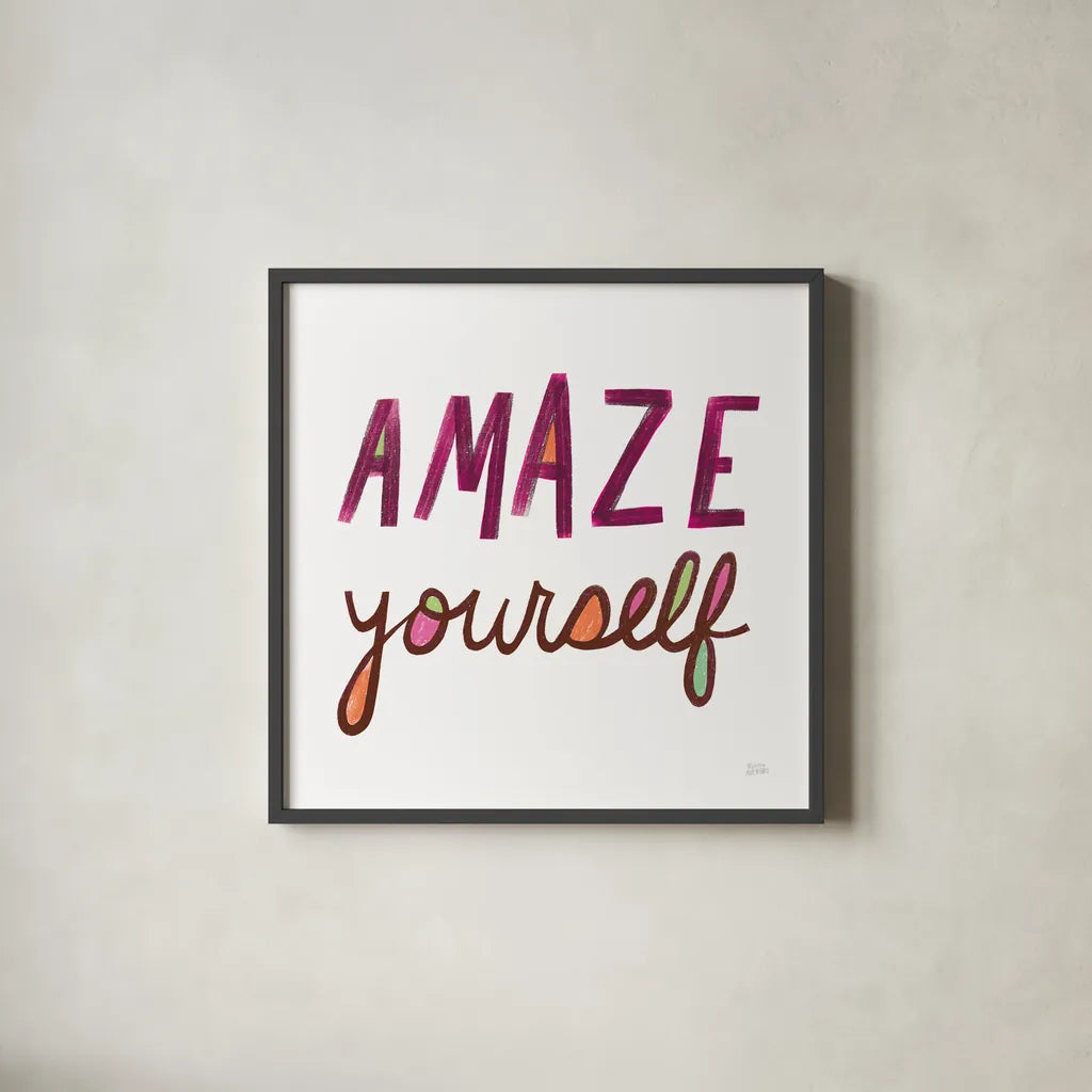 Amaze Yourself by Melissa Averinos. Shown in a sleek black glass frame for a contemporary gallery look. Available as an archival giclee rolled canvas, fine art paper, or poster print. SKU 59984a.