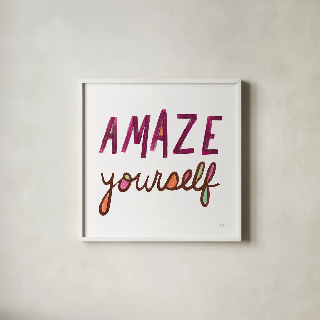 Amaze Yourself by Melissa Averinos. Shown in a crisp white glass frame for a clean and minimalist style. Available as an archival giclee rolled canvas, fine art paper, or poster print. SKU 59984a.