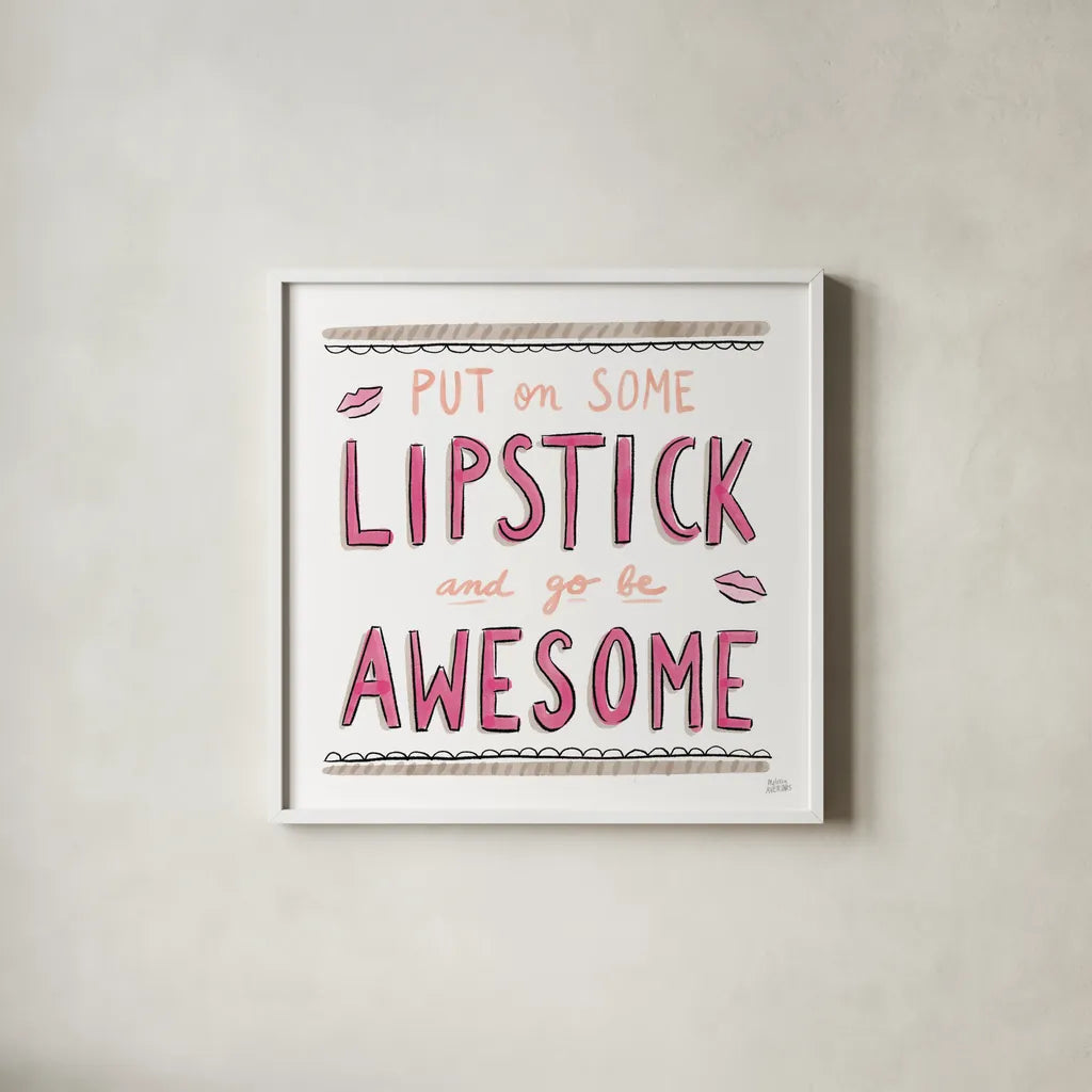 Awesome Lipstick by Melissa Averinos. Shown in a crisp white glass frame for a clean and minimalist style. Available as an archival giclee rolled canvas, fine art paper, or poster print. SKU 59172a.