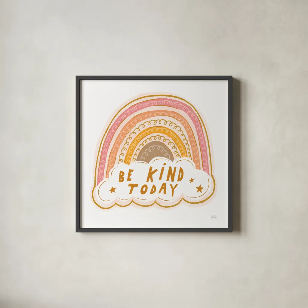 Be Kind Today by Melissa Averinos. Shown in a sleek black glass frame for a contemporary gallery look. Available as an archival giclee rolled canvas, fine art paper, or poster print. SKU 59983a.