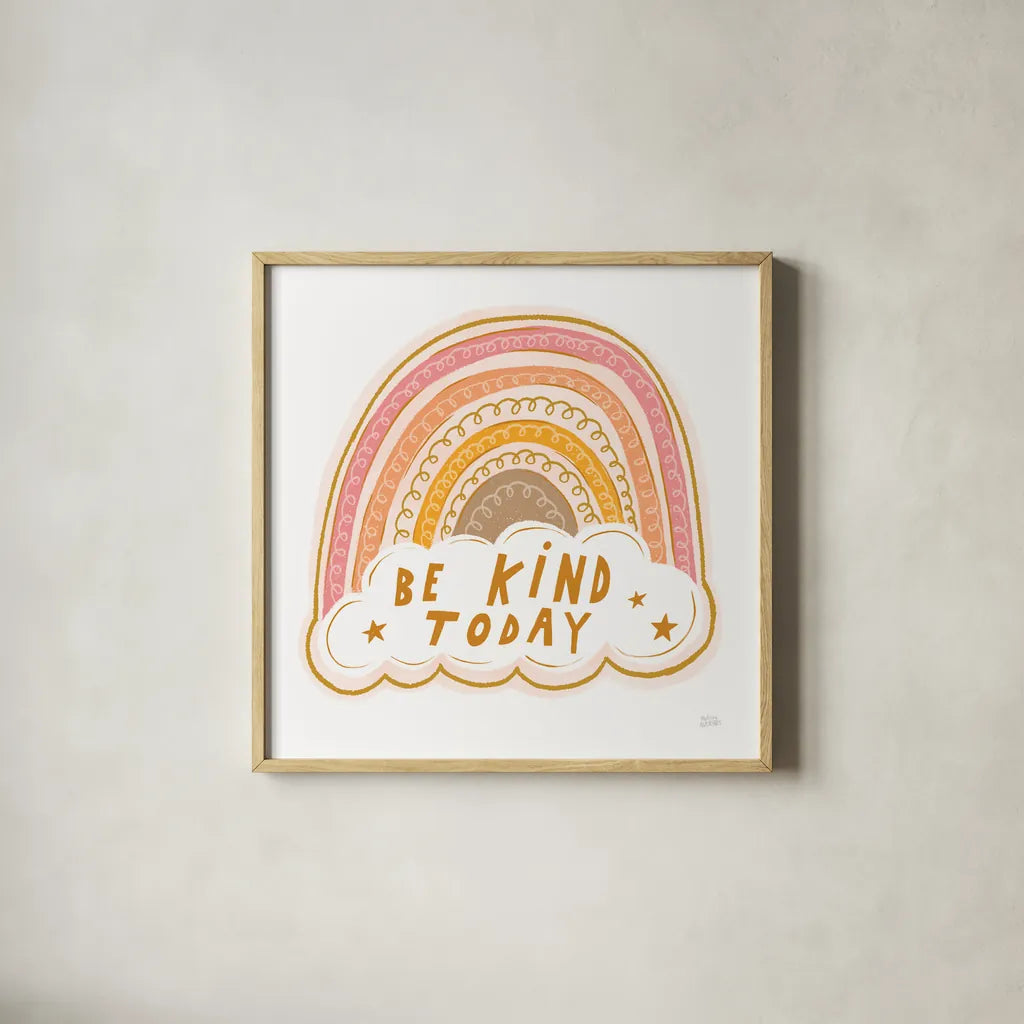 Be Kind Today by Melissa Averinos. Shown in a natural wood glass frame for a timeless modern aesthetic. Available as an archival giclee rolled canvas, fine art paper, or poster print. SKU 59983a.
