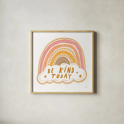 Be Kind Today by Melissa Averinos. Shown in a natural wood glass frame for a timeless modern aesthetic. Available as an archival giclee rolled canvas, fine art paper, or poster print. SKU 59983a.