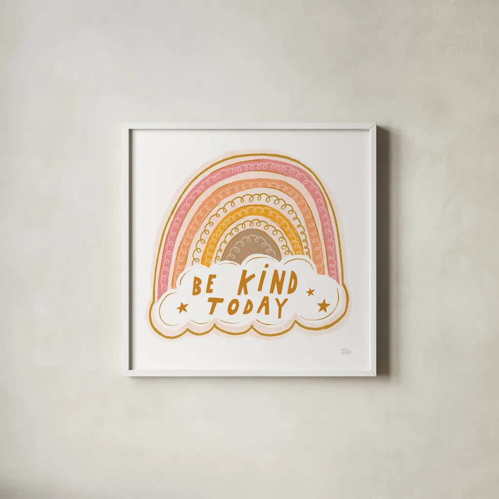 Be Kind Today by Melissa Averinos. Shown in a crisp white glass frame for a clean and minimalist style. Available as an archival giclee rolled canvas, fine art paper, or poster print. SKU 59983a.