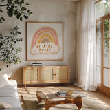 Be Kind Today by Melissa Averinos. Shown in a natural wood frame in a cozy modern living room. Available as an archival giclee rolled canvas, fine art paper, or poster print. SKU 59983a.