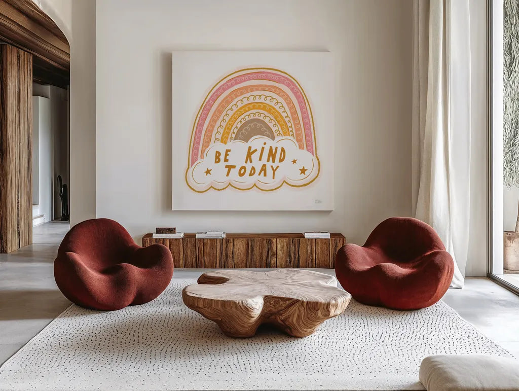 Be Kind Today by Melissa Averinos. Shown as extra-large giant wall art in a modern living room. Available as an archival giclee rolled canvas, fine art paper, or poster print. SKU 59983a.