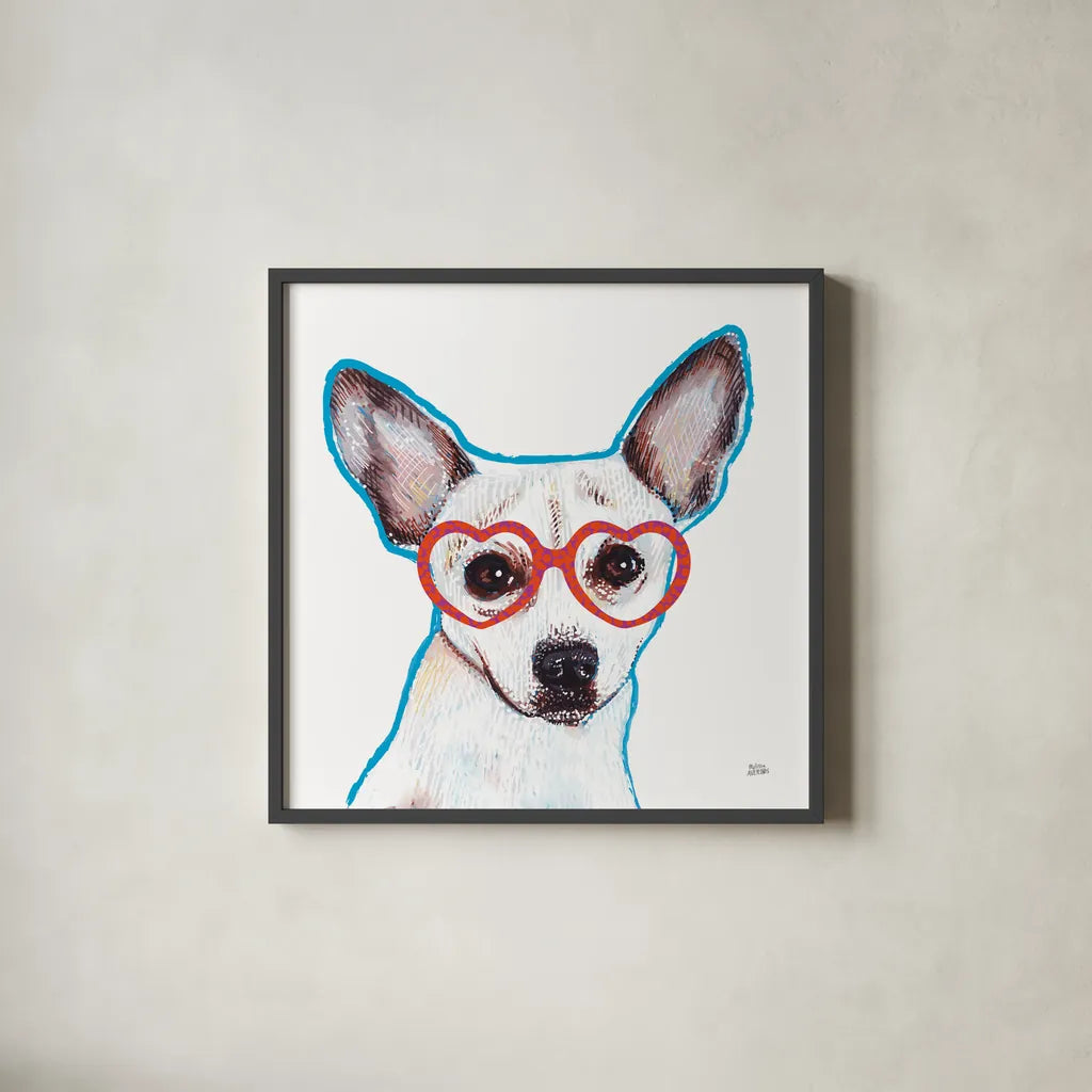 Bespectacled Pet I by Melissa Averinos. Shown in a sleek black glass frame for a contemporary gallery look. Available as an archival giclee rolled canvas, fine art paper, or poster print. SKU 54787a.