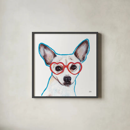 Bespectacled Pet I by Melissa Averinos. Shown in a sleek black glass frame for a contemporary gallery look. Available as an archival giclee rolled canvas, fine art paper, or poster print. SKU 54787a.