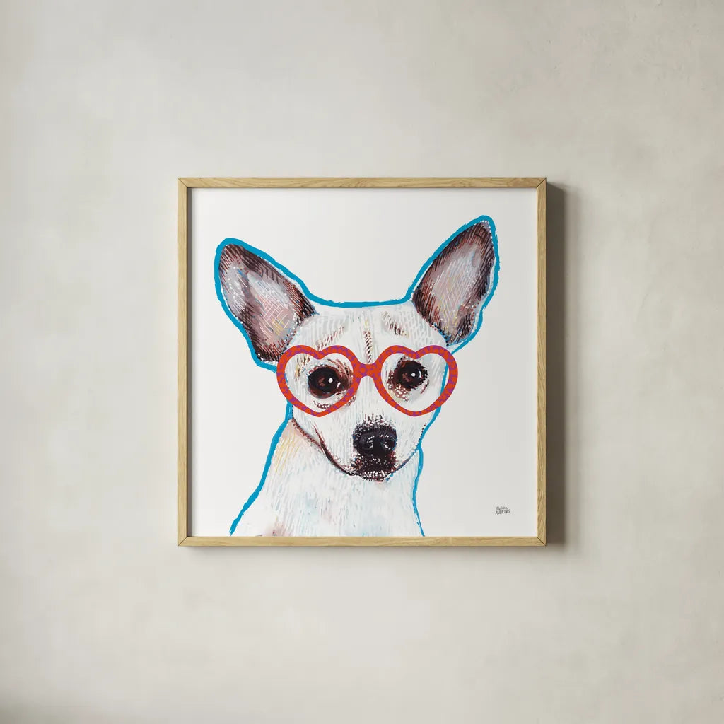 Bespectacled Pet I by Melissa Averinos. Shown in a natural wood glass frame for a timeless modern aesthetic. Available as an archival giclee rolled canvas, fine art paper, or poster print. SKU 54787a.