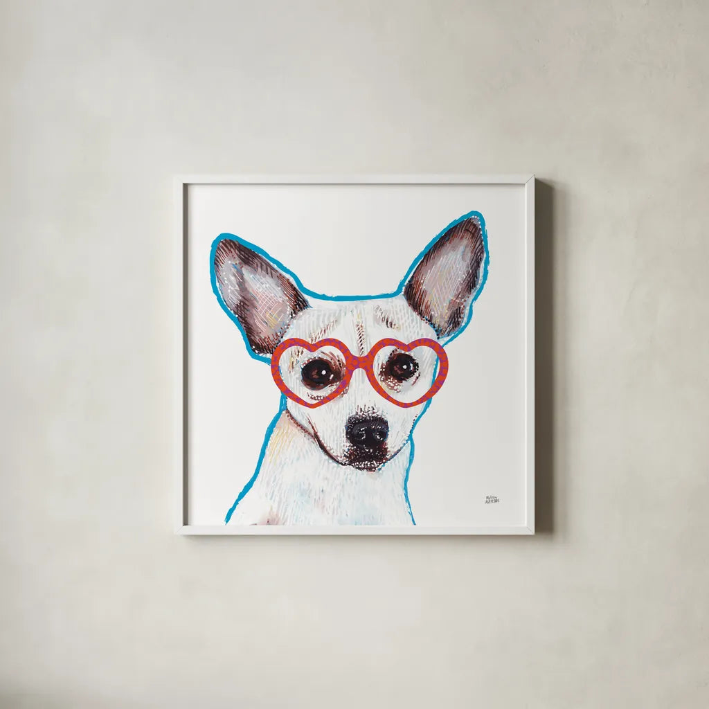 Bespectacled Pet I by Melissa Averinos. Shown in a crisp white glass frame for a clean and minimalist style. Available as an archival giclee rolled canvas, fine art paper, or poster print. SKU 54787a.