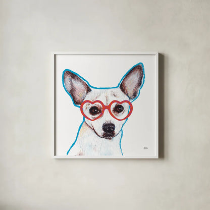 Bespectacled Pet I by Melissa Averinos. Shown in a crisp white glass frame for a clean and minimalist style. Available as an archival giclee rolled canvas, fine art paper, or poster print. SKU 54787a.