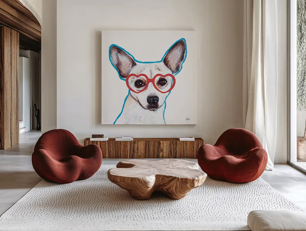 Bespectacled Pet I by Melissa Averinos. Shown as extra-large giant wall art in a modern living room. Available as an archival giclee rolled canvas, fine art paper, or poster print. SKU 54787a.