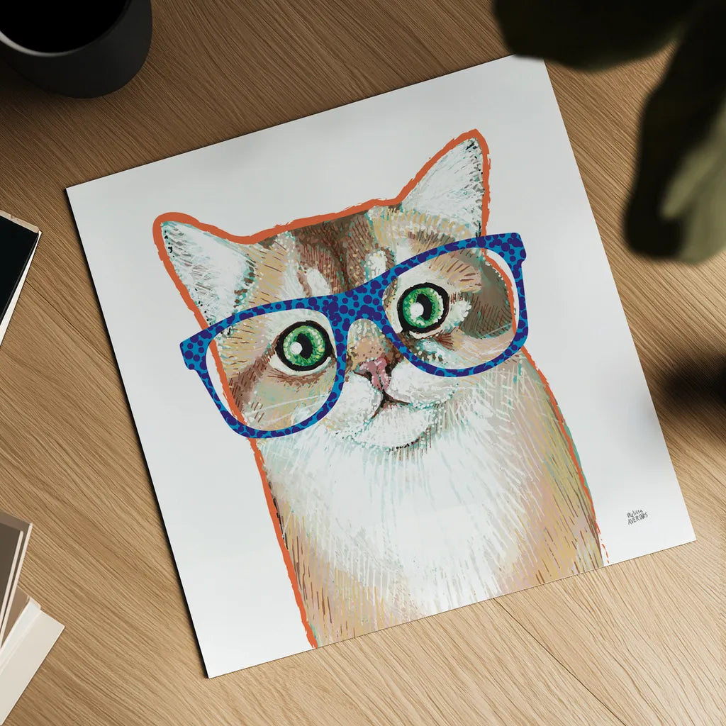Bespectacled Pet II by Melissa Averinos. Shown as a detailed flat fine art print, highlighting archival giclee quality. Available as an archival giclee rolled canvas, fine art paper, or poster print. SKU 54788a.