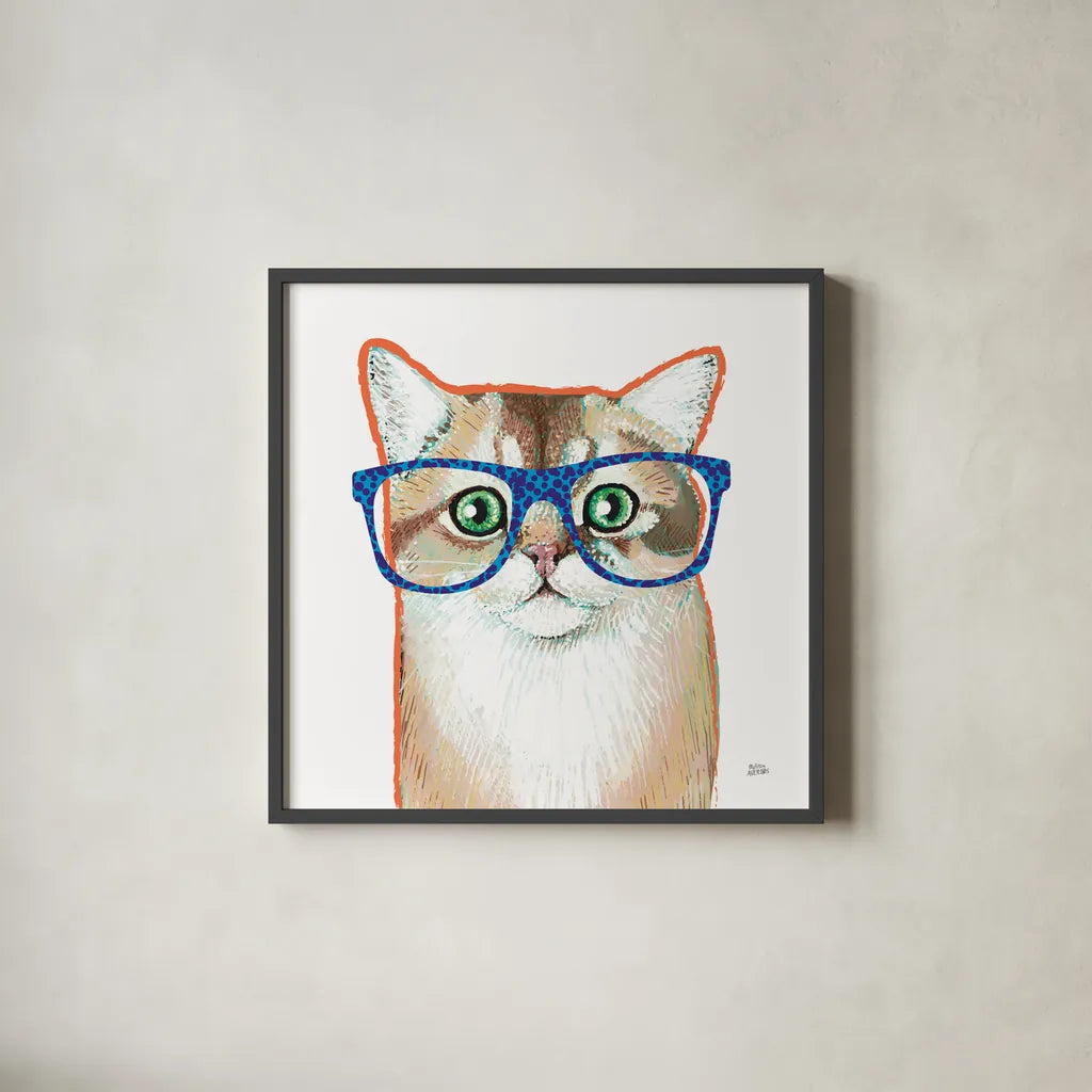 Bespectacled Pet II by Melissa Averinos. Shown in a sleek black glass frame for a contemporary gallery look. Available as an archival giclee rolled canvas, fine art paper, or poster print. SKU 54788a.