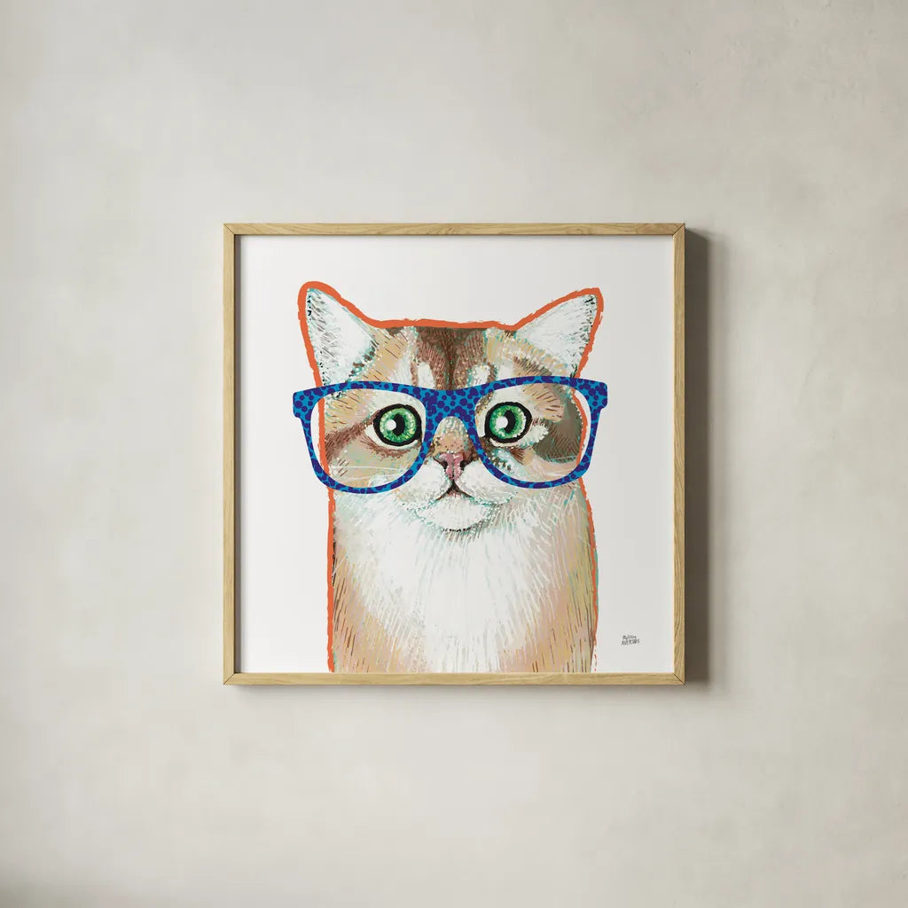 Bespectacled Pet II by Melissa Averinos. Shown in a natural wood glass frame for a timeless modern aesthetic. Available as an archival giclee rolled canvas, fine art paper, or poster print. SKU 54788a.
