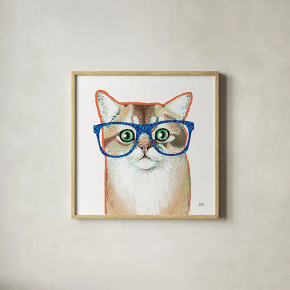 Bespectacled Pet II by Melissa Averinos. Shown in a natural wood glass frame for a timeless modern aesthetic. Available as an archival giclee rolled canvas, fine art paper, or poster print. SKU 54788a.