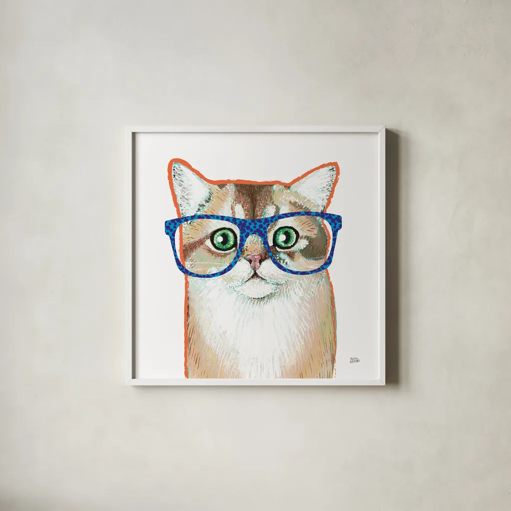 Bespectacled Pet II by Melissa Averinos. Shown in a crisp white glass frame for a clean and minimalist style. Available as an archival giclee rolled canvas, fine art paper, or poster print. SKU 54788a.