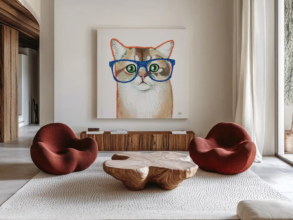 Bespectacled Pet II by Melissa Averinos. Shown as extra-large giant wall art in a modern living room. Available as an archival giclee rolled canvas, fine art paper, or poster print. SKU 54788a.