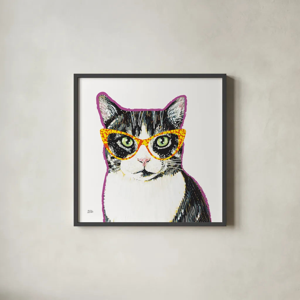 Bespectacled Pet III by Melissa Averinos. Shown in a sleek black glass frame for a contemporary gallery look. Available as an archival giclee rolled canvas, fine art paper, or poster print. SKU 54789a.